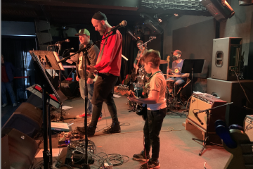 The stage at Deep Dive in Ithaca with my son playing guitar.